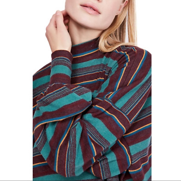 Free People Steph Mock Neck Long Sleeve Striped  Top Pine Combo Size Small - Picture 6 of 13